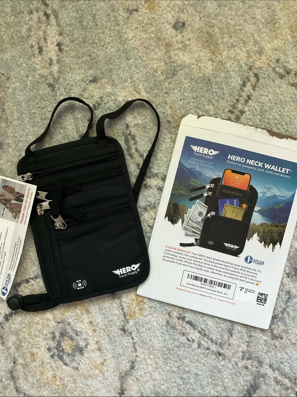 HERO NECK WALLET - RFID BLOCKING PASSPORT HOLDER  black NEW